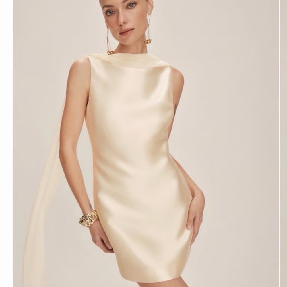 Reformation Cream Satin Mini Dress with High Boat Neck